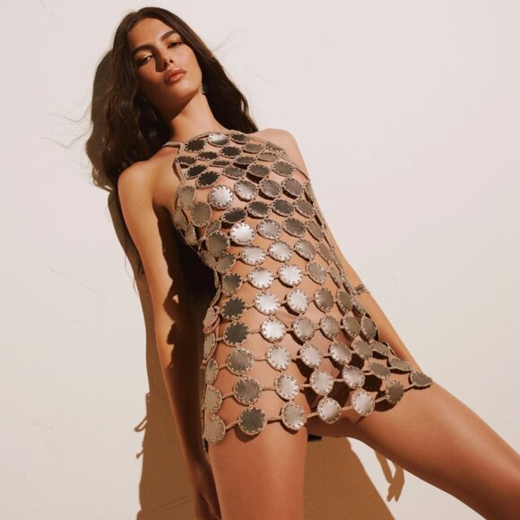 MY BEACHY SIDE CARMEL LEATHER MINI DRESS - Picture 1 of 5